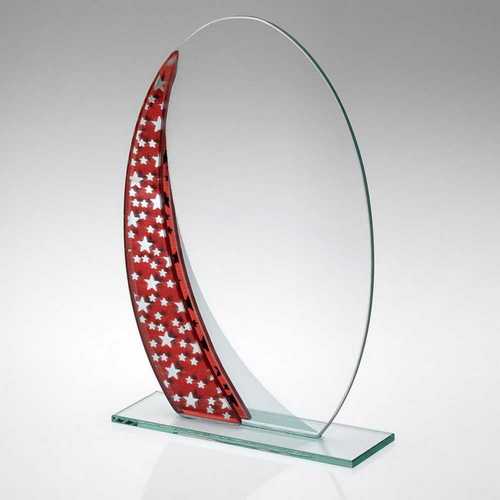 Jade Glass Oval Plaque With Red|silver Star Design (4mm Thick) - 7.25in
