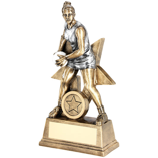 Brz-Pew-White Female Netball Figure With Star Backing Trophy