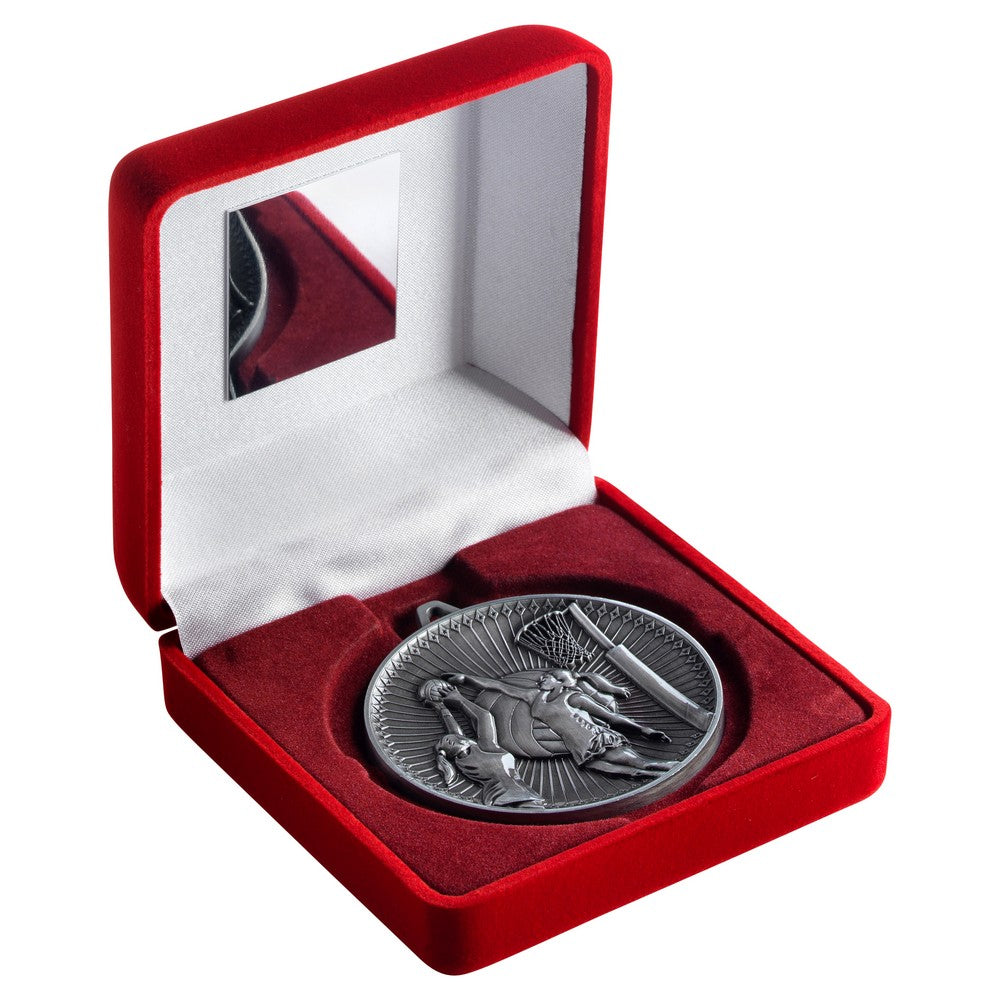 Red Velvet Box And 60mm Medal Netball Trophy - 3 Colours