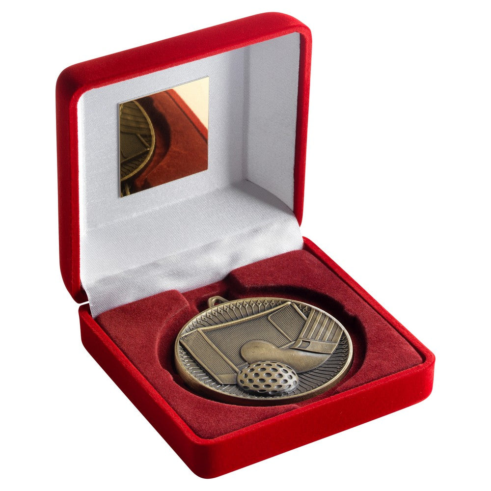 Red Velvet Box And 60mm Medal Hockey Trophy - 3 Colours