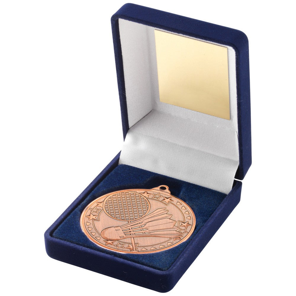 Blue Velvet Box And 50mm Medal Badminton Trophy - 3 Colours