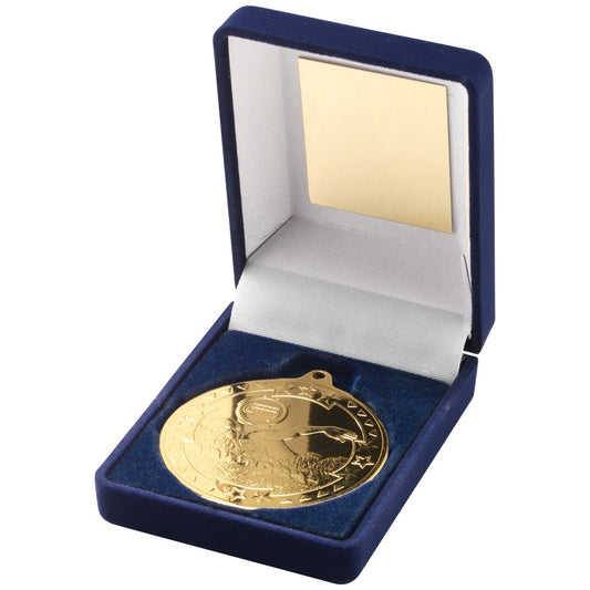 Blue Velvet Box With Swimming Medal