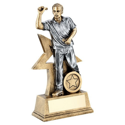 Brz-Gold-Pew Male Darts Figure With Star Backing Trophy - 3 Sizes