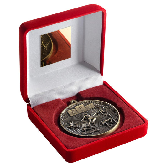Red Velvet Box And 60mm Medal Athletics Trophy - 3 Colours