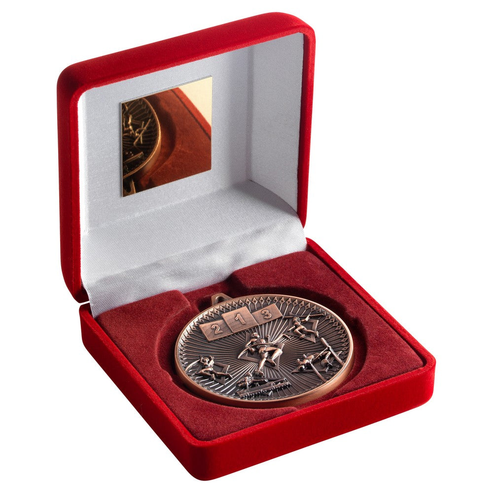 Red Velvet Box And 60mm Medal Athletics Trophy - 3 Colours