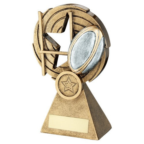 Brz-Pew-Gold Rugby Ball And Posts On Holed Spiral With Plate - Available in 3 Sizes