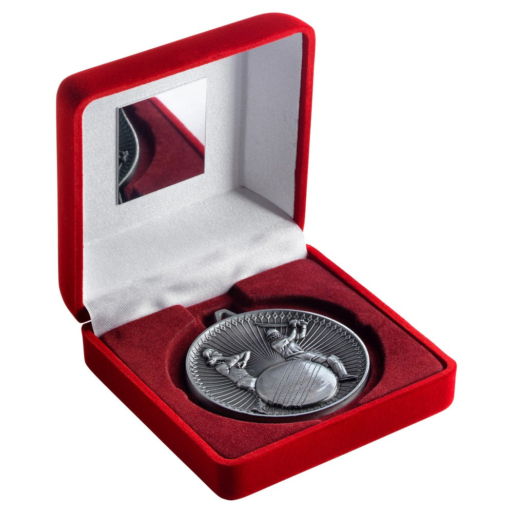 Red Velvet Box And 60mm Medal Cricket Trophy - 3 Colours