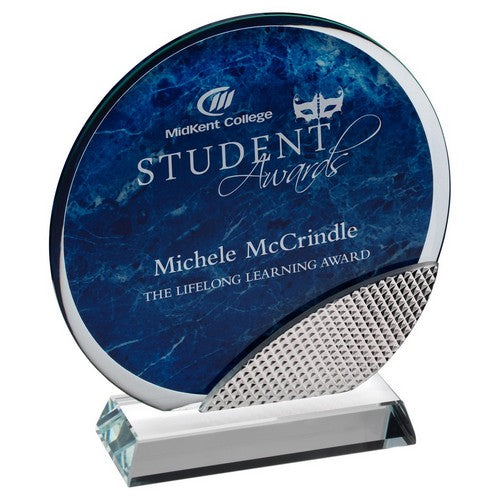 Blue Marble Backed Clear Glass Circle With Silver Detail - Available in 3 Sizes