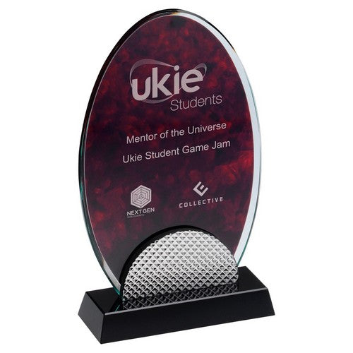 Red Marble Backed Clear Glass Oval With Silver Detail And Black Base - Available in 3 Sizes
