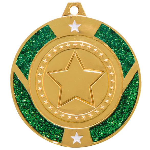 Glitter Star Medal Green 50mm - Available in Gold, Silver and Bronze