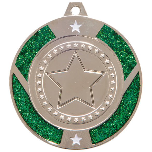 Glitter Star Medal Green 50mm - Available in Gold, Silver and Bronze