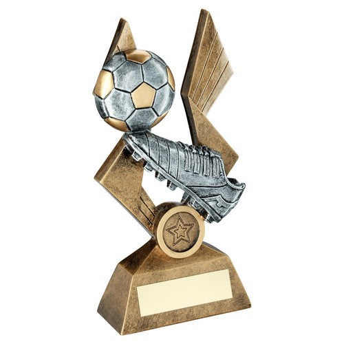 Brz-Pew-Gold Football And Boot On Pointed Backdrop With Plate - Available in 3 Sizes