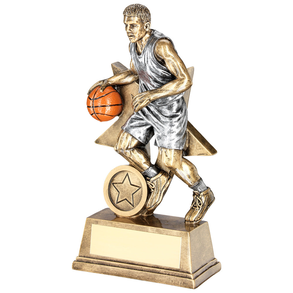 Brz-Pew-Orange Male Basketball Figure With Star Backing Trophy