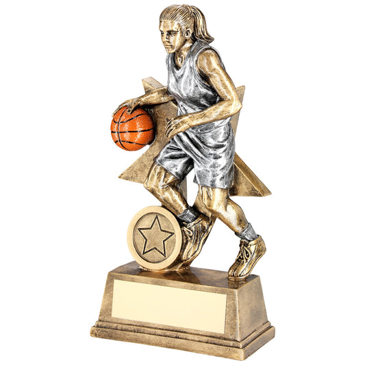 Brz-Pew-Orange Female Basketball Figure With Star Backing Trophy