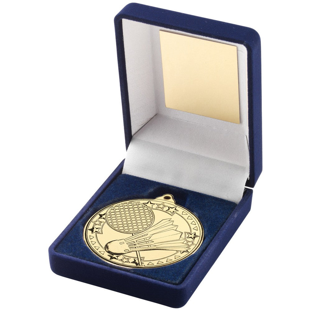 Blue Velvet Box And 50mm Medal Badminton Trophy - 3 Colours