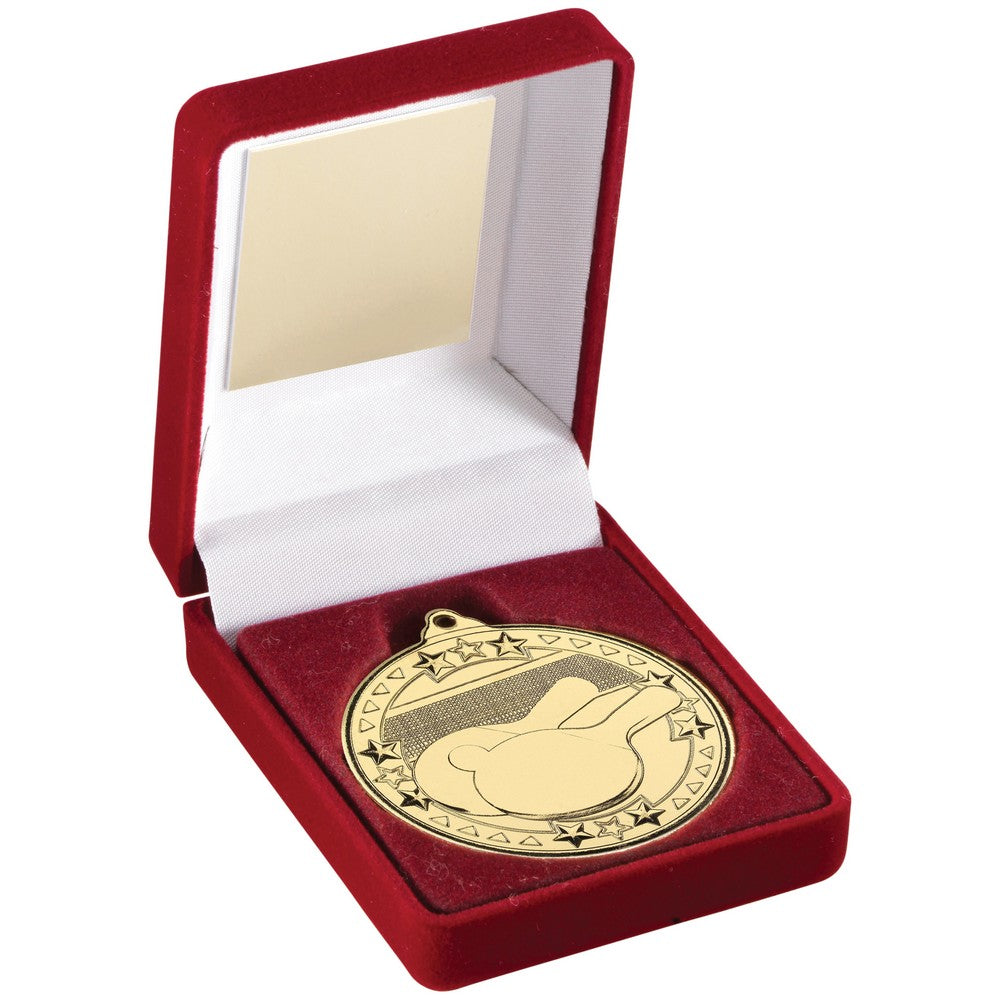 Red Velvet Box And 50mm Medal Table Tennis Trophy - 3 Colours