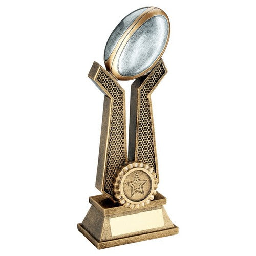 Brz-Pew-Gold Rugby Ball On Twin Prongs With Plate - Available in 3 Sizes