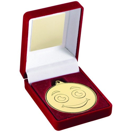 Red Velvet Box And Gold 50mm Medal Smiley Face Trophy - 3.5inch