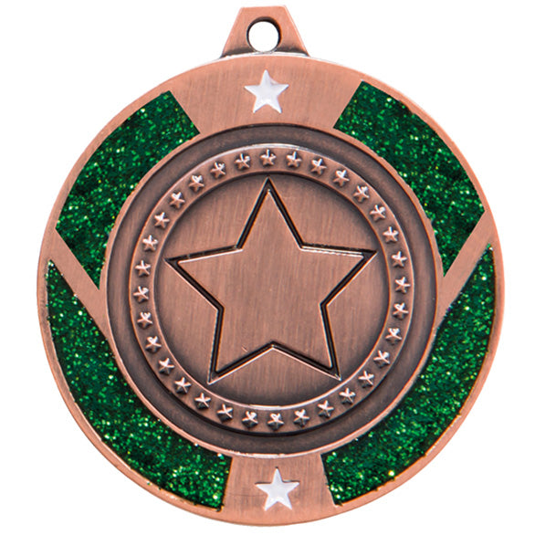 Glitter Star Medal Green 50mm - Available in Gold, Silver and Bronze