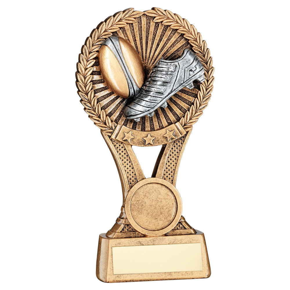 Brz|gold|pew Rugby Round Wreath On V Riser (1in Cen) - 7in