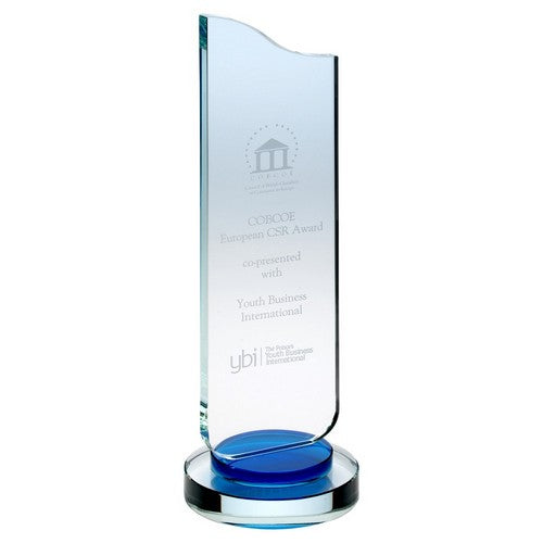 Clear Glass Plaque With Blue Collar On Round Base - 3 Sizes