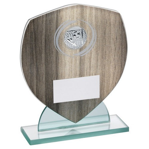 Wood Effect Glass Shield With Football Insert And Plate - Available in 3 Sizes