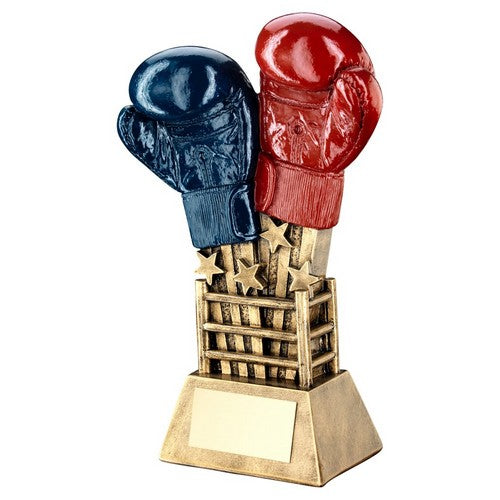 Brz-Gold-Red-Blue Boxing Gloves Star Burst With Ring Base Trophy - 2 Sizes