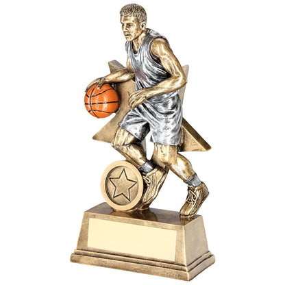 Brz-Pew-Orange Male Basketball Figure With Star Backing Trophy