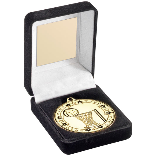 Black Velvet Medal Box And 50 mm Medal Netball Trophy - Available in Gold Silver and Bronze