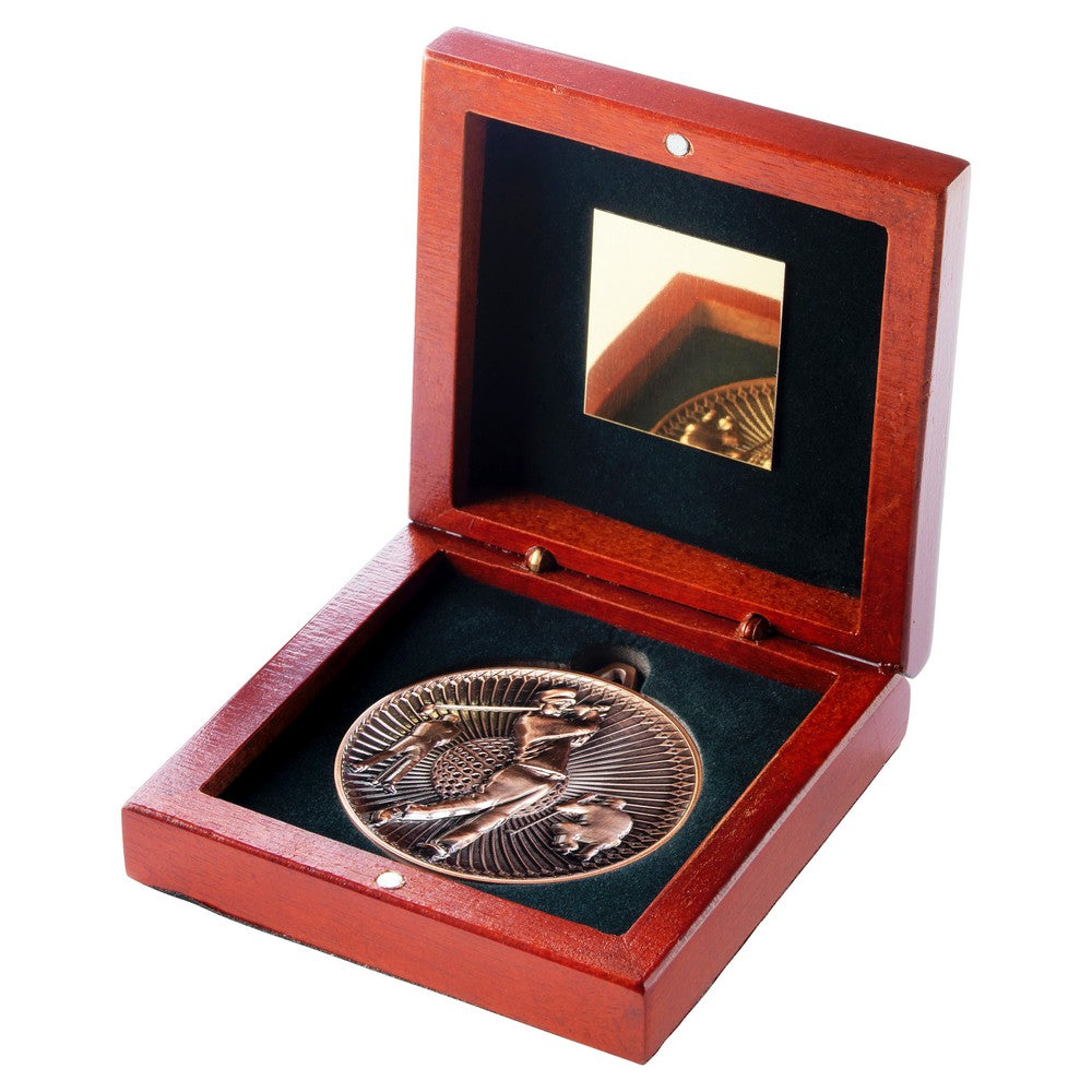 Rosewood Box And 60mm Medal Golf Trophy - 3 Colours