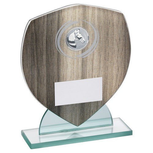 Wood Effect Glass Shield With Horse Insert And Plate - Available in 3 Sizes
