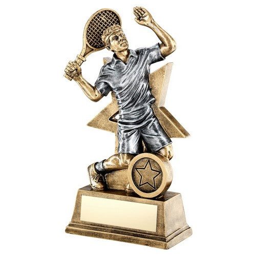 Brz-Gold-Pew Male Tennis Figure With Star Backing Trophy - 3 Sizes