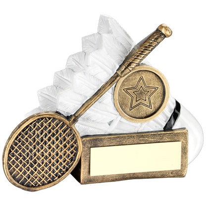 Brz-White Badminton Shuttlecock And Racket Chunky Flatback Trophy