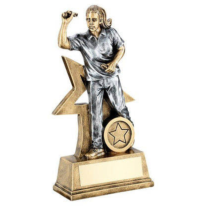 Brz-Gold-Pew Female Darts Figure With Star Backing Trophy - 3 Sizes