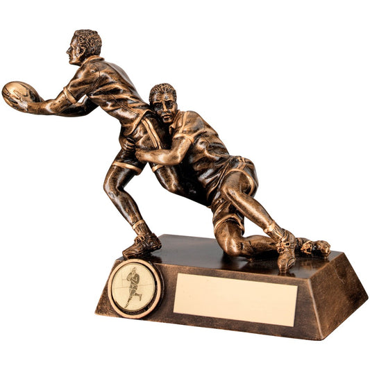 Bronze And Gold Double Rugby 'Tackle' Figure Trophy