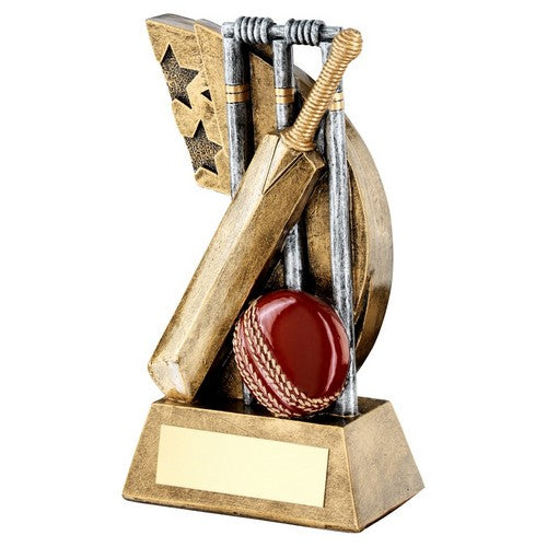 Brz-Pew-Red Cricket Stumps-Bat-Ball On Star Swoosh Trophy - 3 Sizes