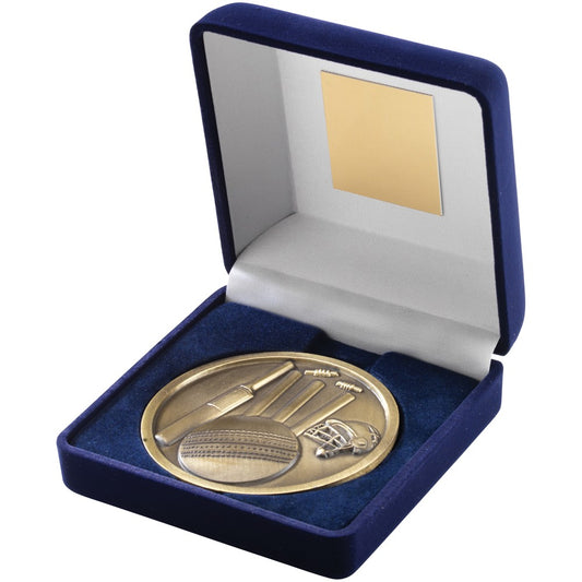 Blue Velvet Box With Medal Cricket Trophy