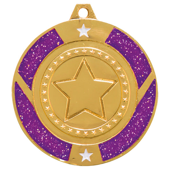 Glitter Star Medal Purple 50mm - Available in Gold, Silver and Bronze
