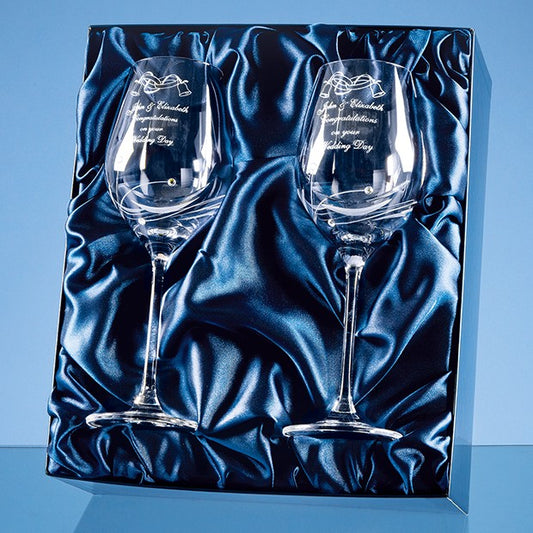 2 Diamante Wine Glasses with Elegance Spiral Cutting in a Satin Lined Gift Box