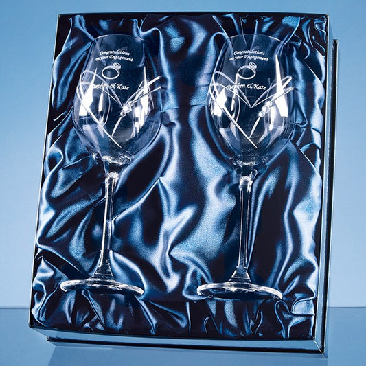 2 Diamante Wine Glasses with Heart Shaped Cutting in a Satin Lined Gift Box