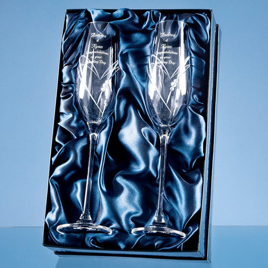 2 Diamante Champagne Flutes with Heart Shaped Cutting in a Satin Lined Gift Box