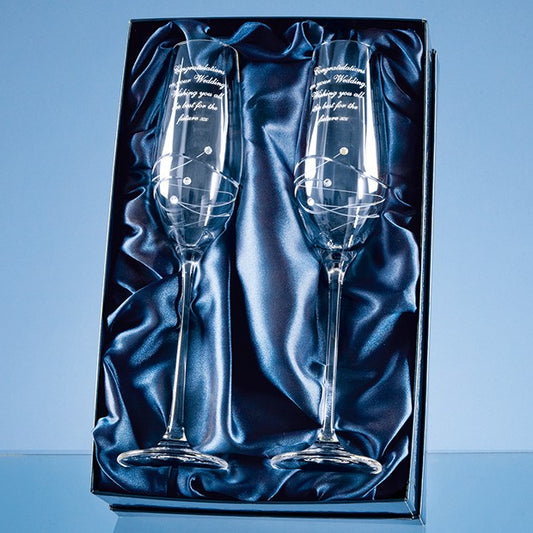 2 Diamante Champagne Flutes with Spiral Design Cutting in a Satin Lined Gift Box