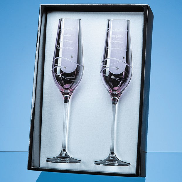 2 Pink Diamante Champagne Flutes with Spiral Design Cutting in an attractive Gift Box