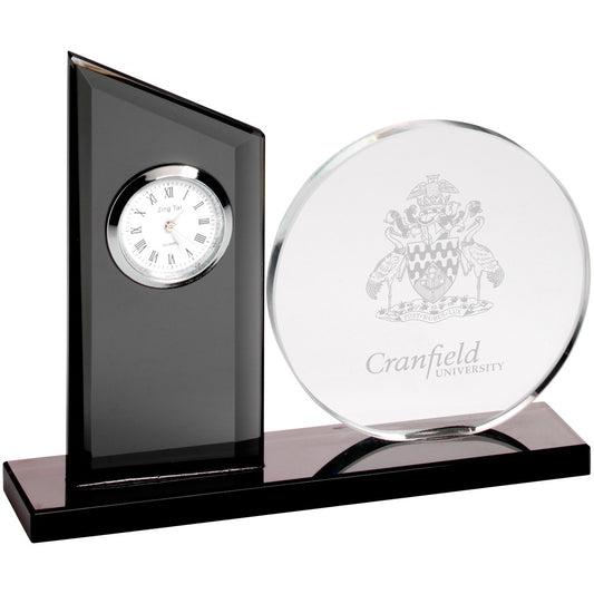 14cm Clear & Black Glass Clock And Round Plaque