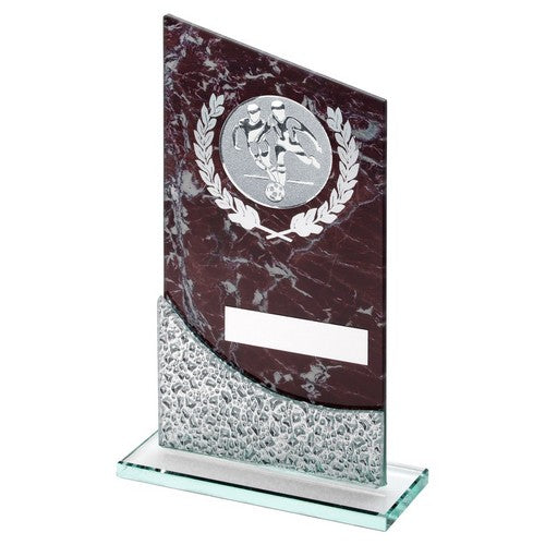 Brown Marble Printed Glass Plaque With Football Insert And Plate - Available in 3 Sizes