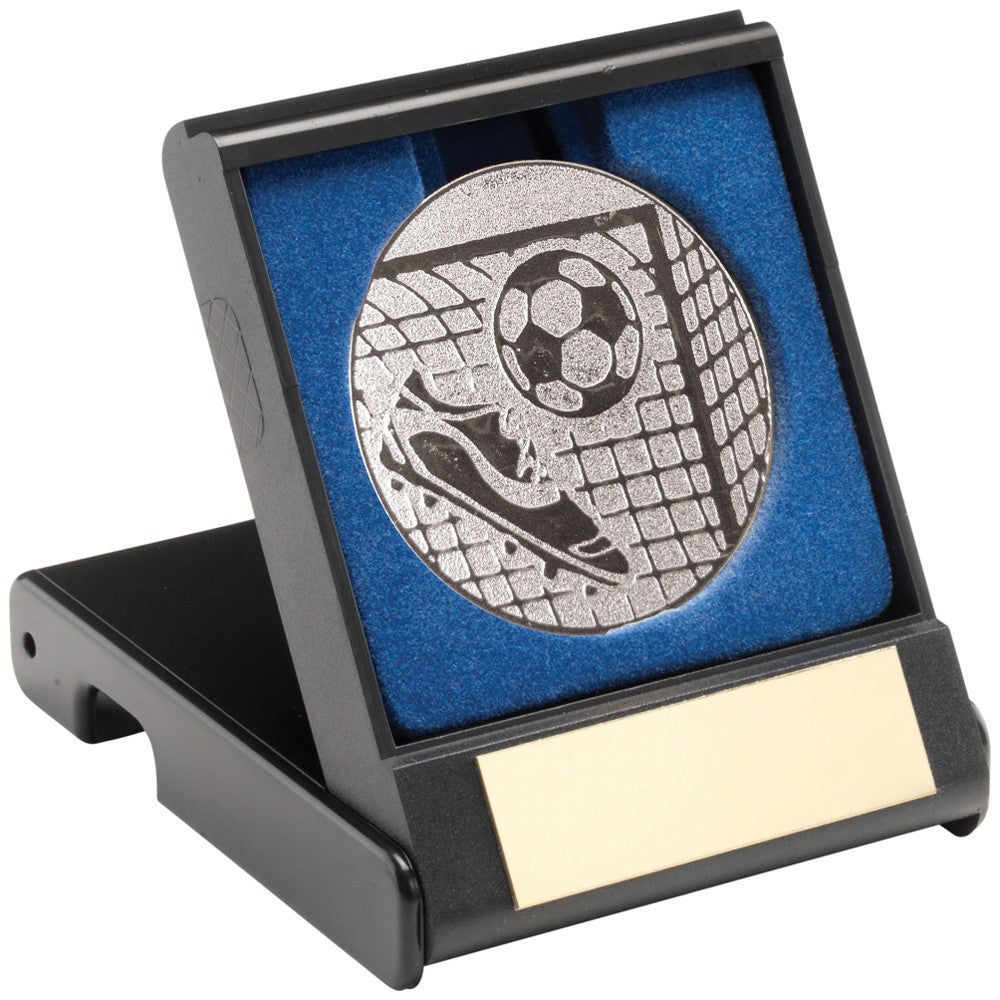 9cm Black Plastic Box With Foil Football Insert - Silver 3.5In
