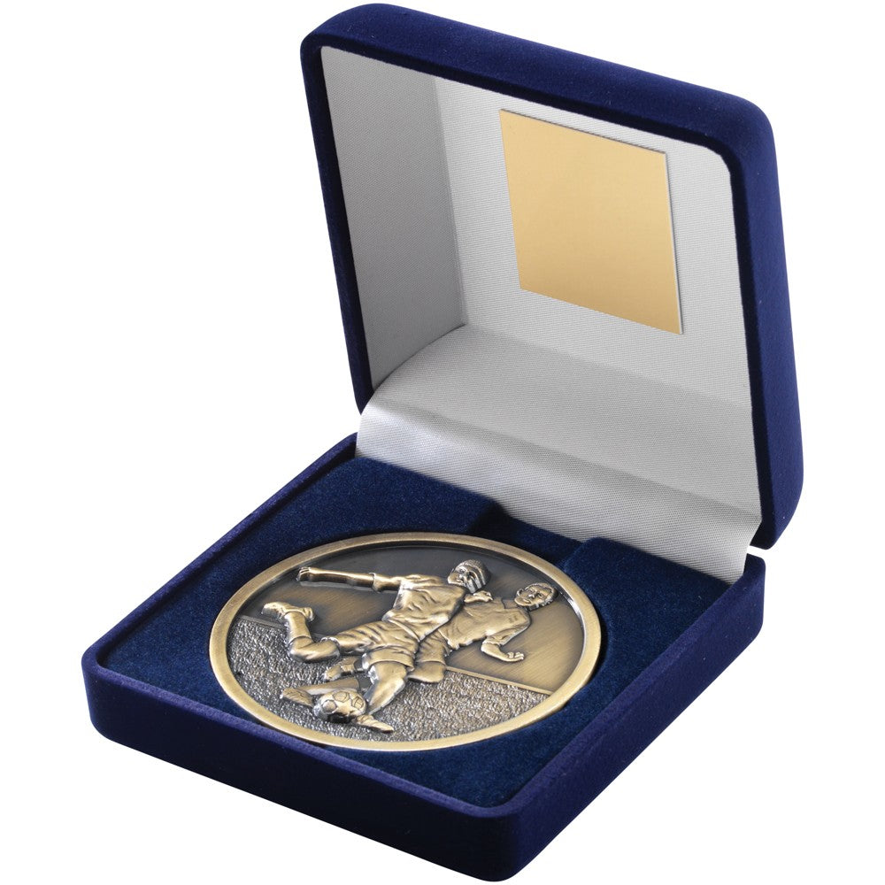 10.5cm Blue Velvet Box & Football Medal - Antique Gold 4In