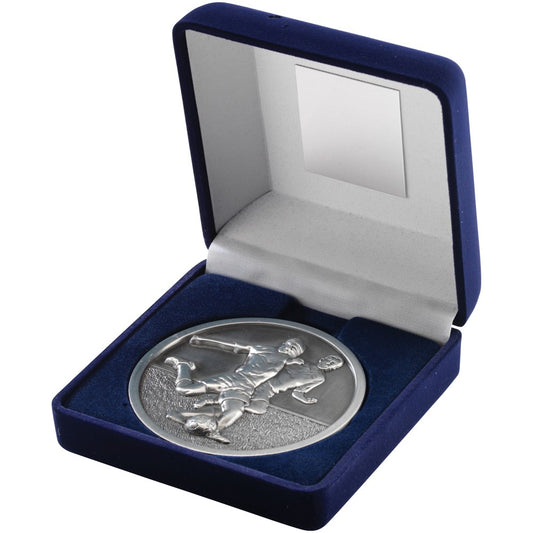 10.5cm Blue Velvet Box & Football Medal - Antique Silver 4In
