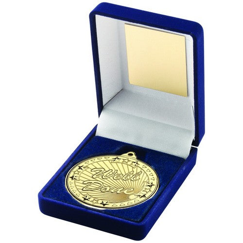 Blue Velvet Box And 50mm Gold Medal Well Done Trophy - 3.5inch