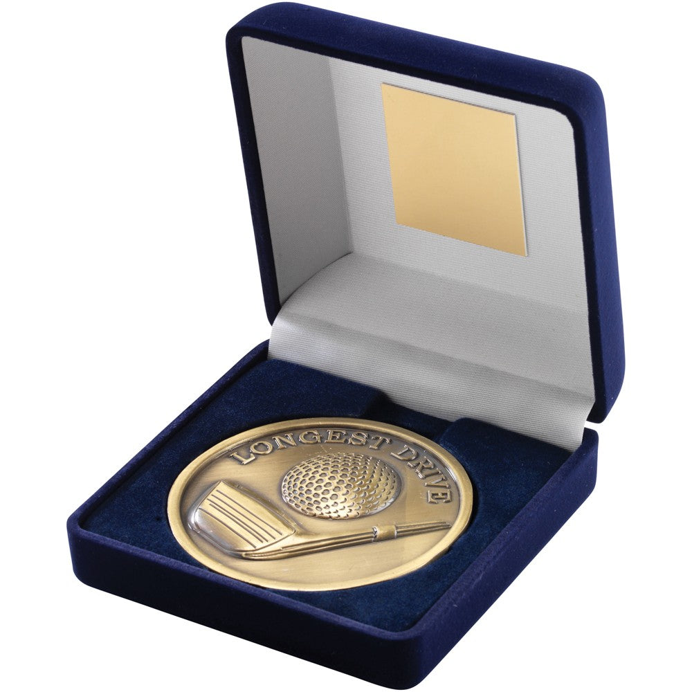 10.5cm Blue Velvet Box & Golf Medal - Antique Gold 'Longest Drive' 4In